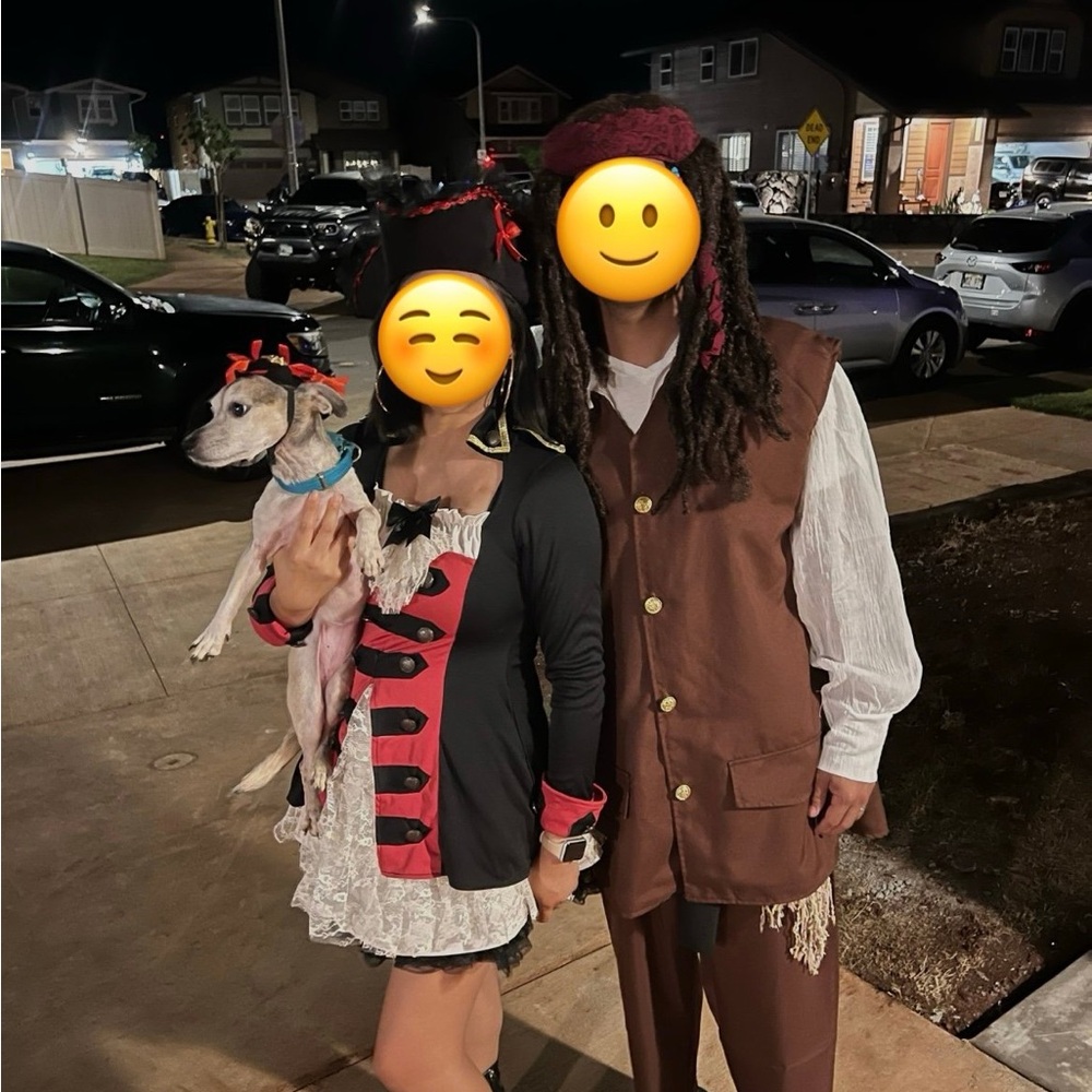 Halloween Couples Pirate Costumes. Female size small. Male size fits most.